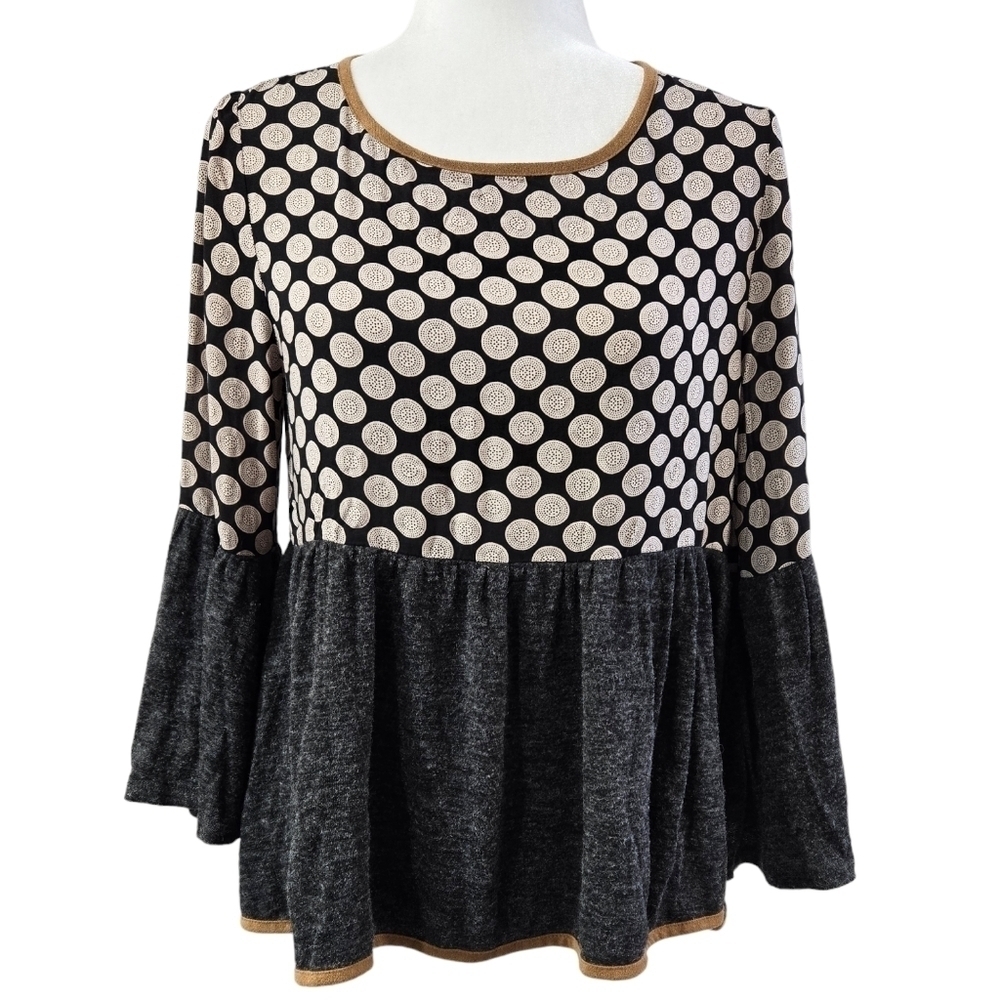 THML Black Gray Tan Geometric Flare Bell Sleeve Blouse Retro-Look Festival